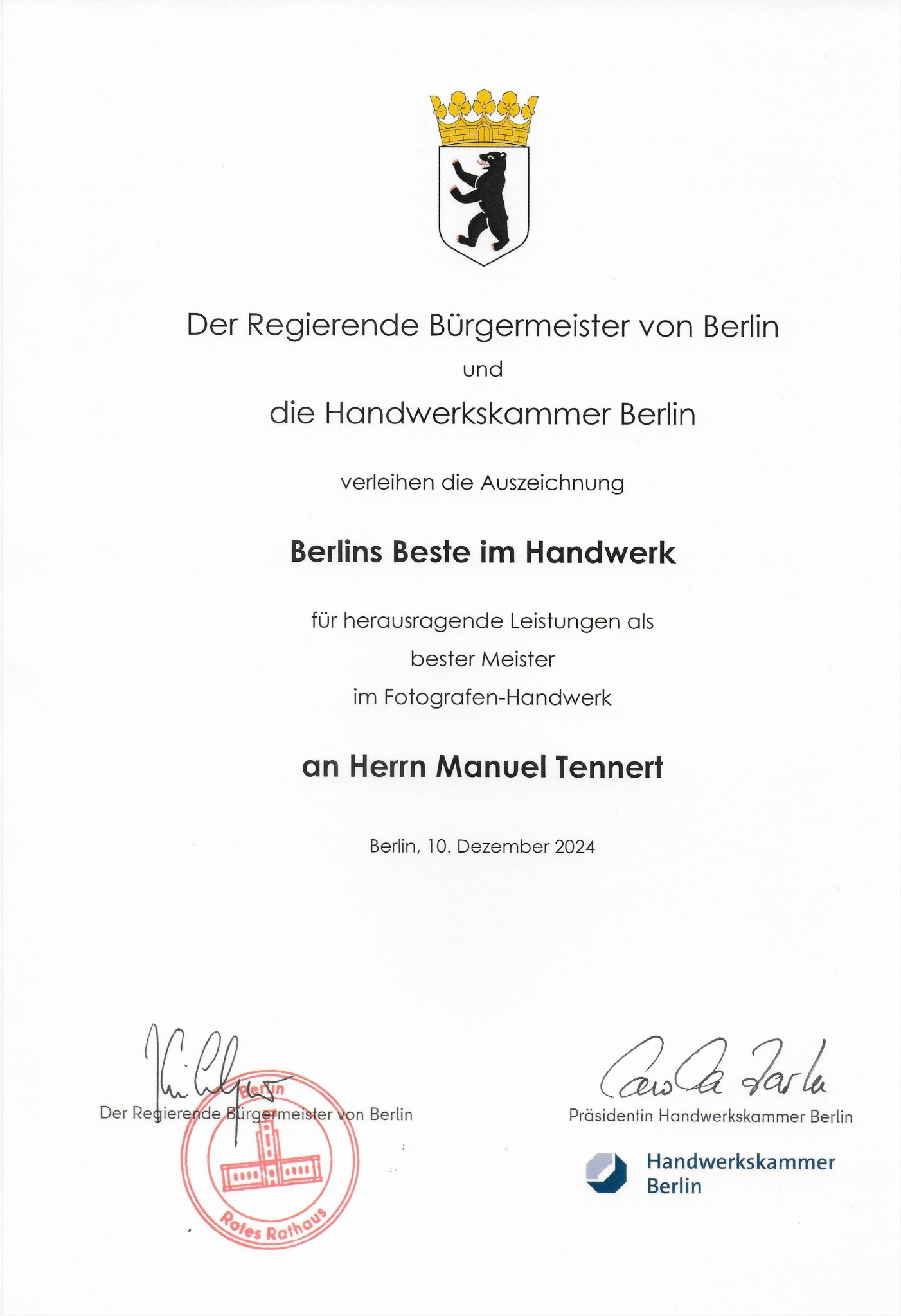 Urkunde Berlins Beste im Handwerk für Manuel Tennert, Fotografen-Handwerk